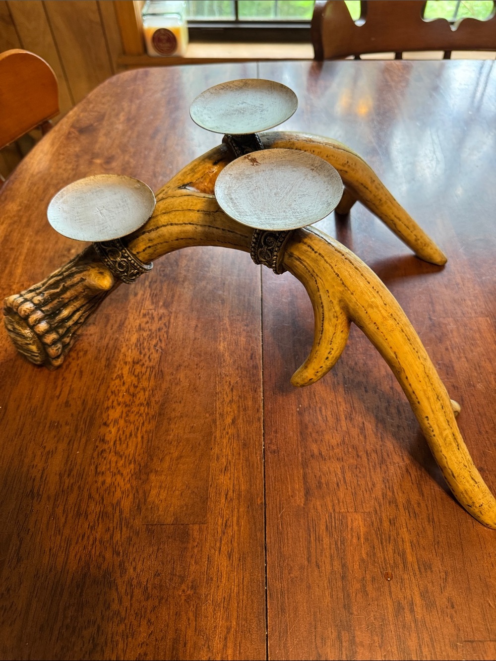 Antler Style Three-Arm Candle Holder - Yellow Woodtone with Silver Trays set 2
